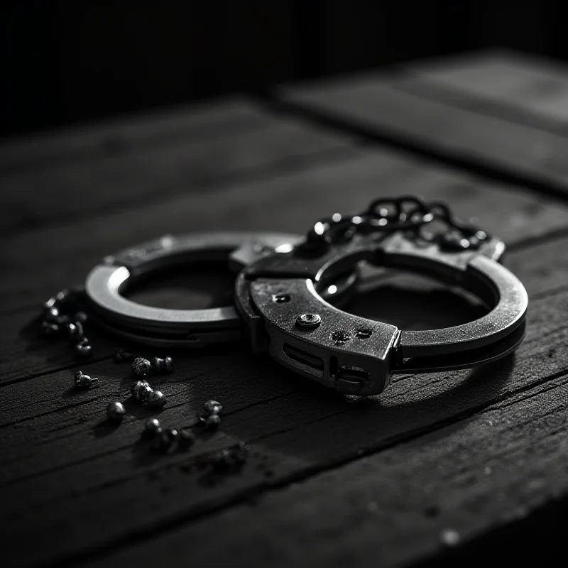 A close-up shot of handcuffs on a wooden table, symbolizing arrest and detainment.