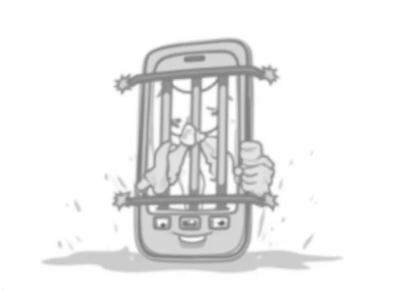 Cartoon depiction of a mobile phone with bars indicating it is in jail, representing the theft of mobile phones by a government official.