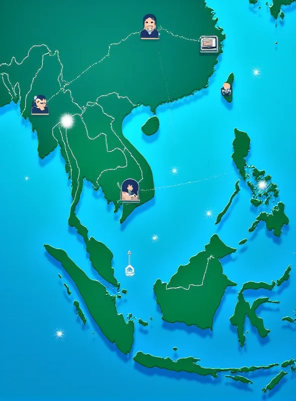 A digital illustration depicting a map of Southeast Asia with highlighted locations in Thailand, Myanmar, and China, connected by lines representing the flow of individuals and data related to the call center scam operations.