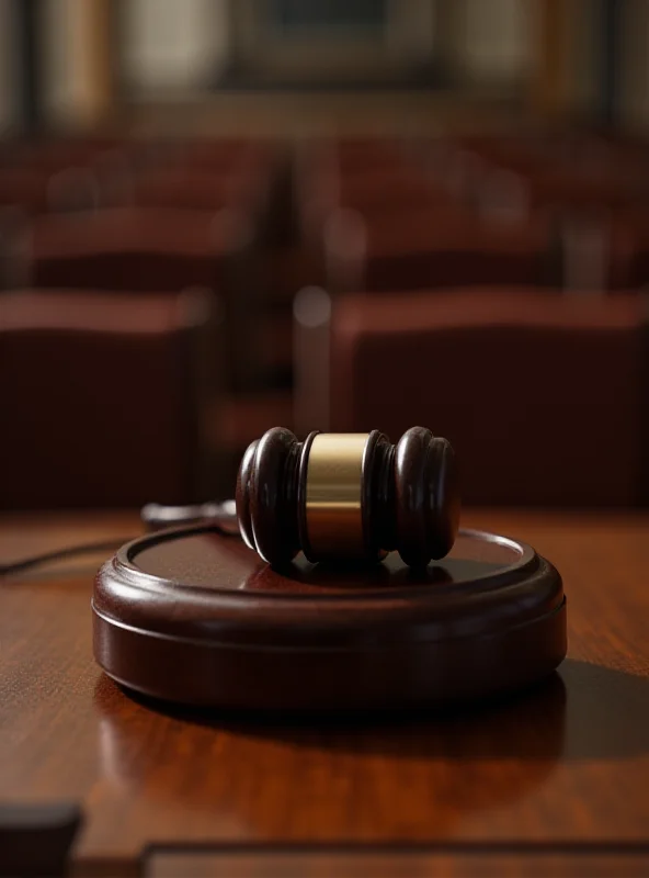 A gavel on a wooden block in a courtroom setting.