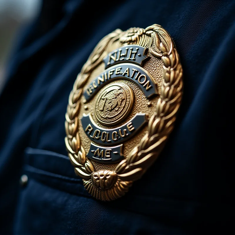 A close-up of a police badge with a blurred background.