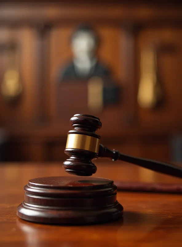 A gavel resting on a sound block in a courtroom setting, symbolizing the legal proceedings and judgment in the case.