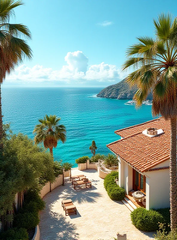 A picturesque view of a Mediterranean villa overlooking the sea, representing the dream of owning property abroad.