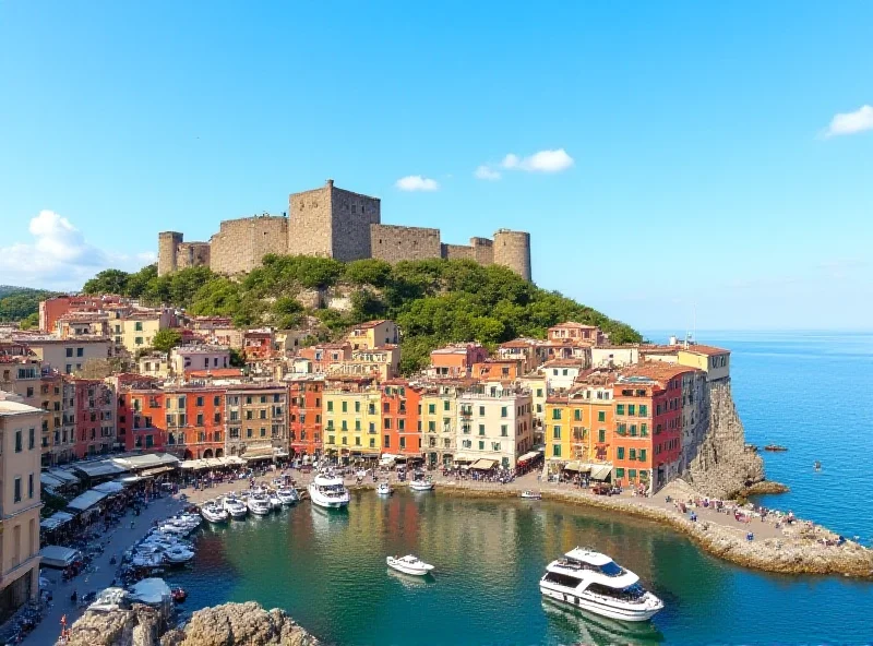 A historic castle overlooking a vibrant port city, with boats in the harbor and colorful buildings.