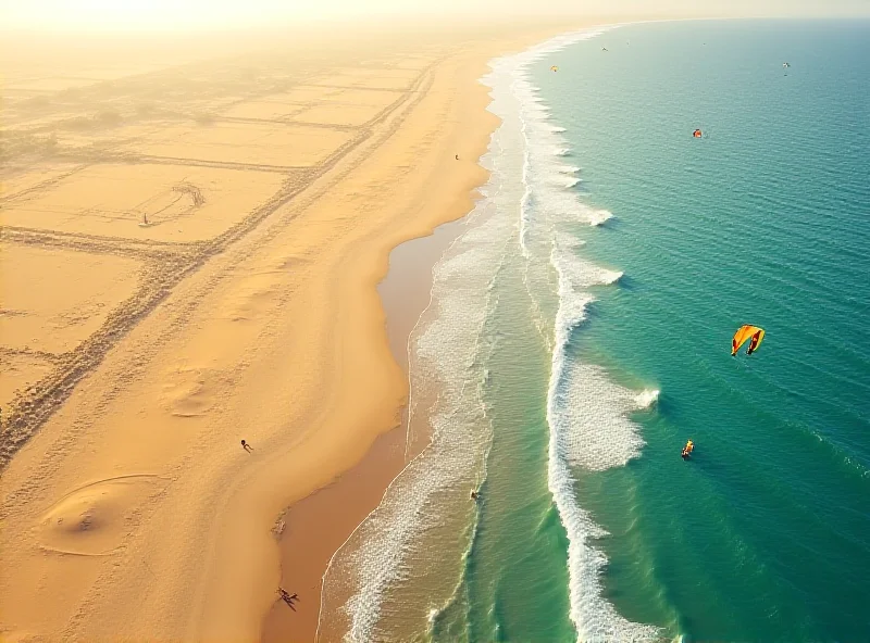 A stunning aerial view of a desert landscape meeting the Atlantic Ocean, with kitesurfers enjoying the waves.