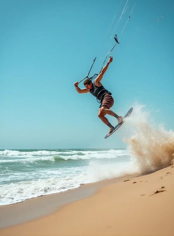 Close-up shot of a kite surfer in action, with the desert landscape and ocean waves in the background.