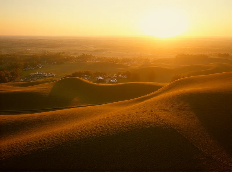 Aerial view of rolling hills and farmland in Iowa, USA