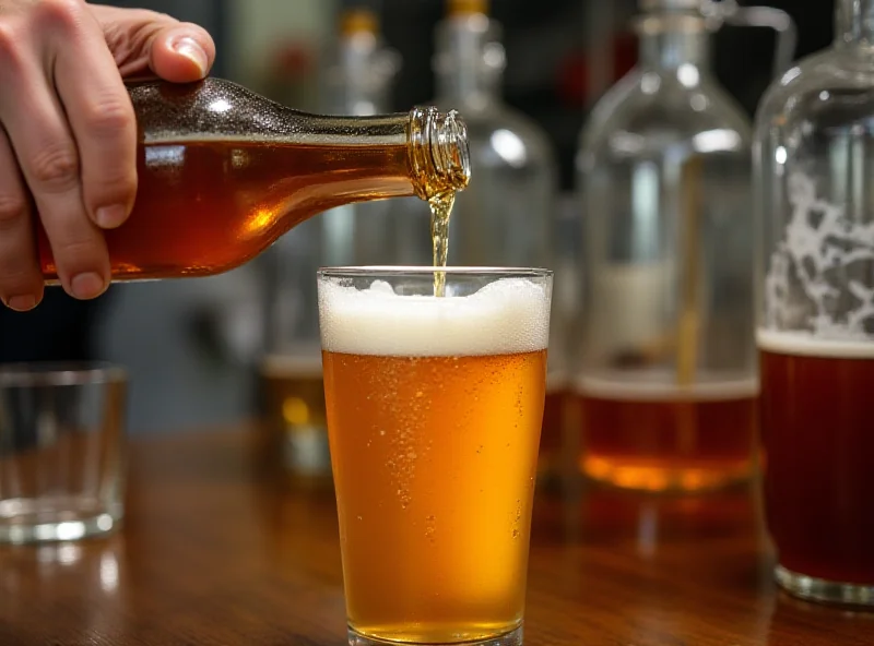 A person carefully pouring homemade beer from a glass bottle into a pint glass, with brewing equipment visible in the background.