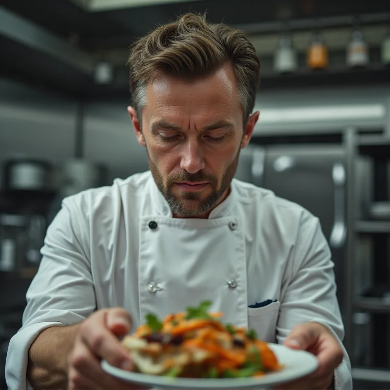 A chef in a professional kitchen, looking thoughtfully at a plate of food, with a serene expression on their face.