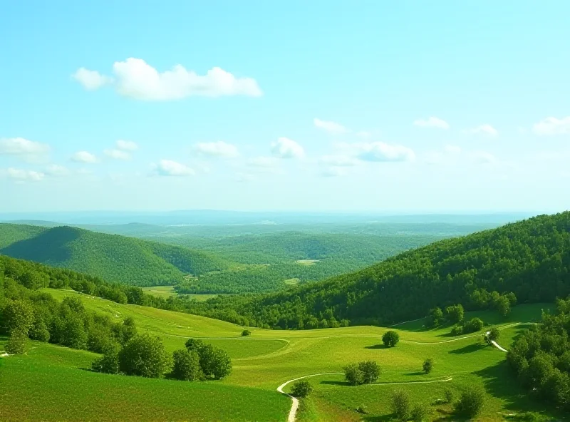 Serene landscape of the Serbian countryside with rolling hills and forests.