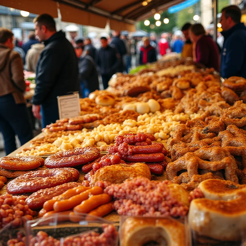 A display of various Serbian traditional dishes, including sausages, cheeses, and pastries, at a local market.