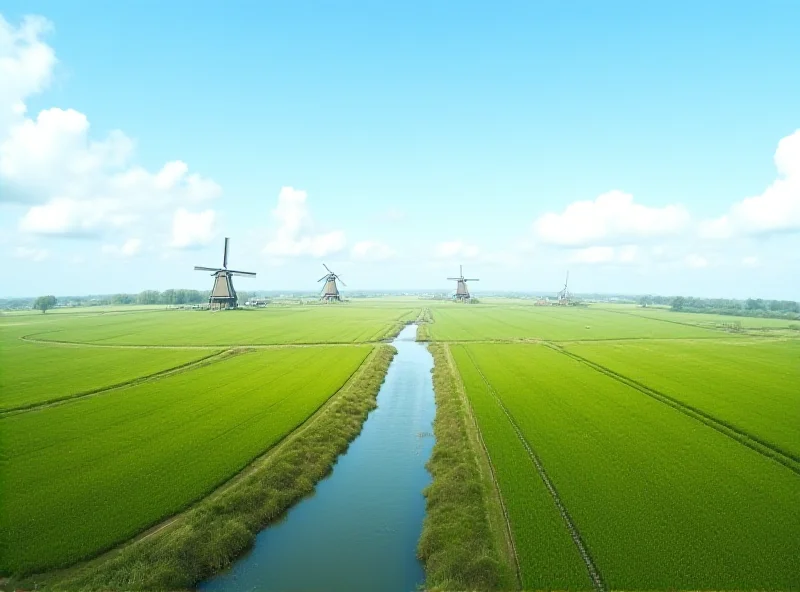 A panoramic view of a Dutch polder landscape with windmills, canals, and fields reclaimed from the sea, under a bright blue sky with fluffy clouds.