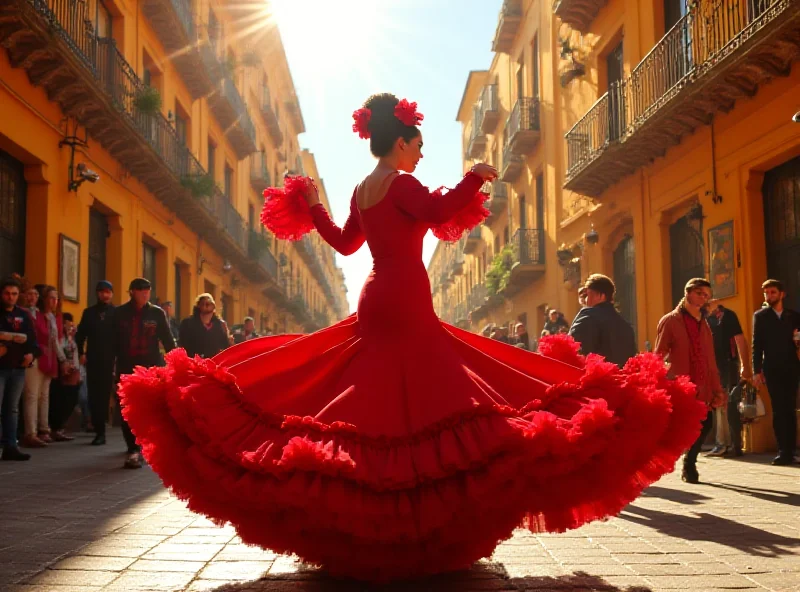 A vibrant street scene in Seville, Andalusia, with colorful buildings, bustling crowds, and a flamenco dancer performing in a traditional dress.