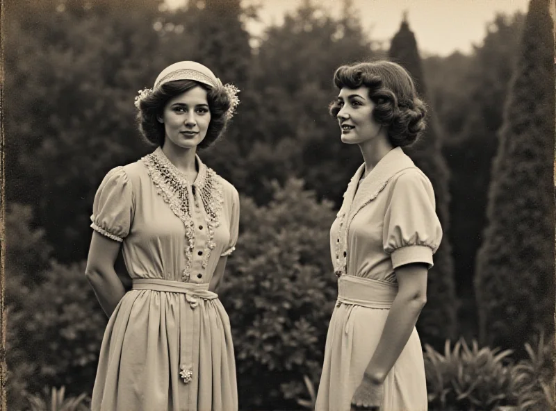 A vintage photograph of the Mitford sisters, dressed in elegant attire, standing together in a garden. They are smiling slightly.