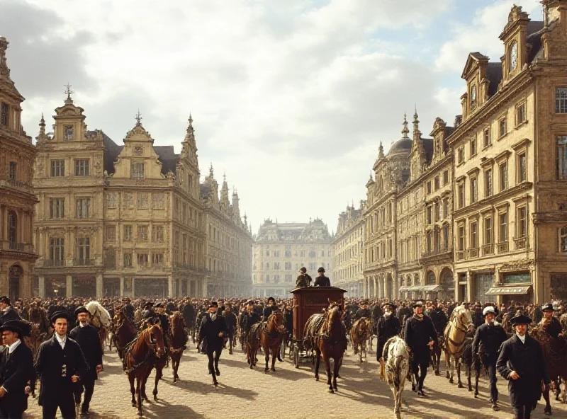 A painting depicting a bustling European city scene from the year 1700, showing horse-drawn carriages, people in period clothing, and early examples of architecture.