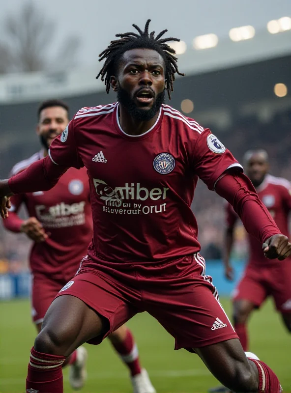 Eliezer Mayenda celebrating a goal with teammates, a controversial handball is implied.