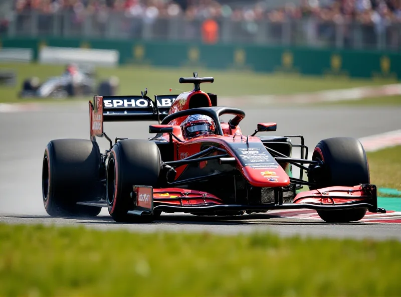 A brightly colored Formula 1 car speeding around a track.