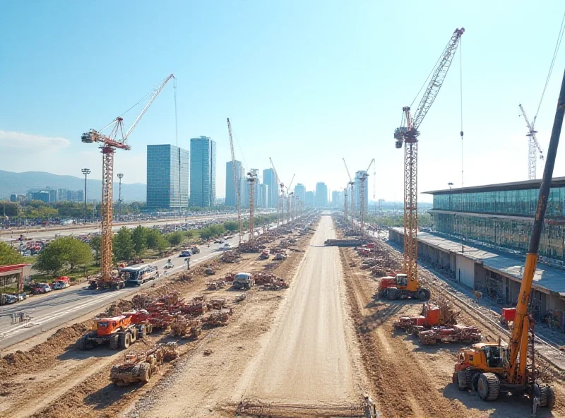 Construction workers building a Formula 1 paddock in Azerbaijan with the Baku skyline in the background.