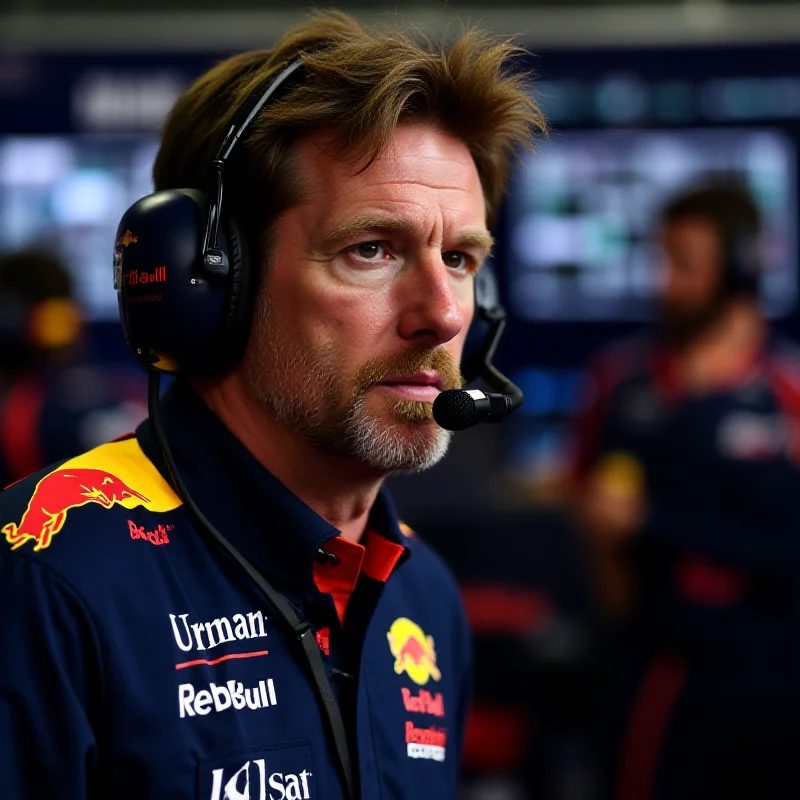 Christian Horner, team principal of Red Bull Racing, standing in the Red Bull garage during a Formula 1 race, looking concerned and speaking on a headset.