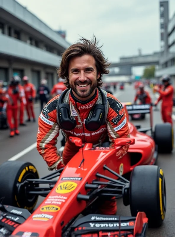 Carlos Sainz smiling in his racing suit in the pit lane, with a Williams Formula 1 car being worked on in the background.