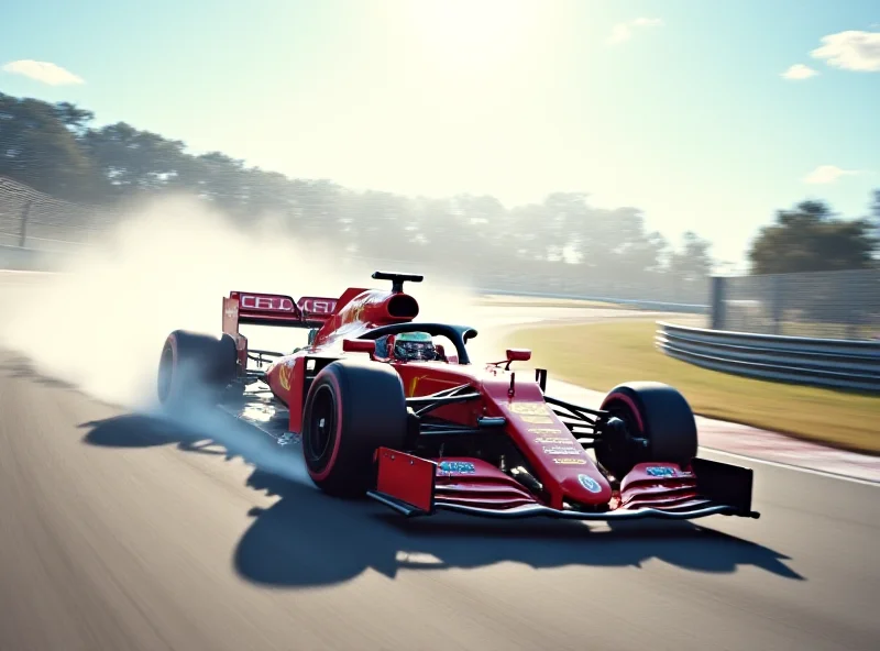 A Formula 1 race car speeding around a corner on a bright, sunny day, with the track and surrounding scenery blurred to emphasize speed.