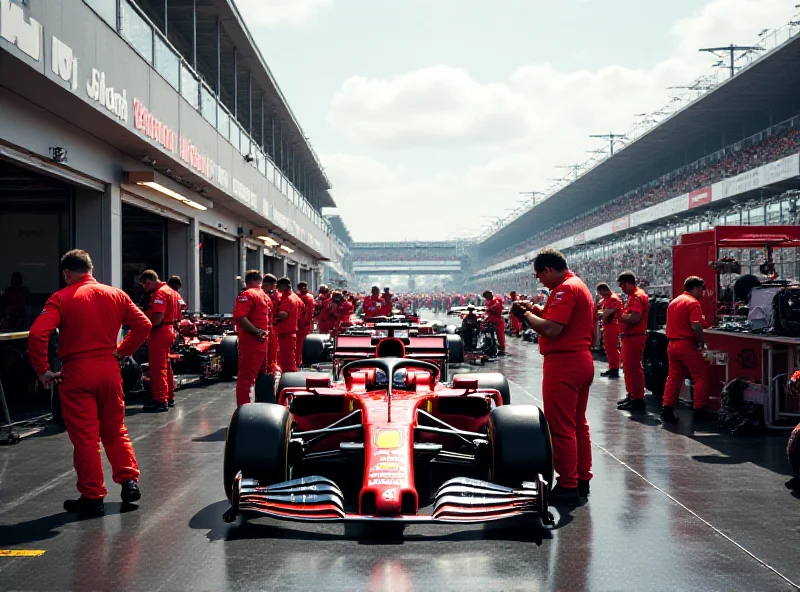 A busy Formula 1 paddock scene with various team personnel and cars
