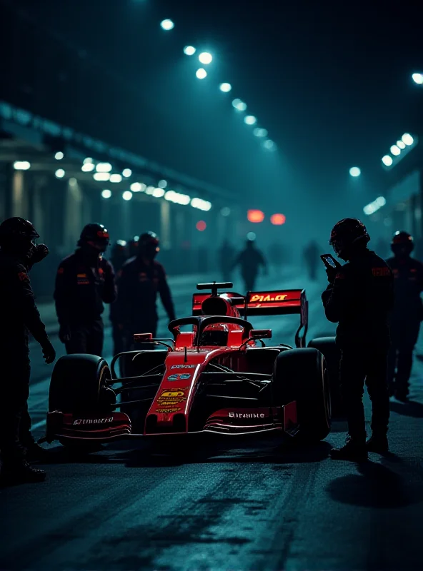 Formula 1 car in the pit lane with mechanics using phone flashlights during a power outage