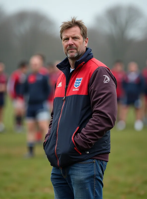 A photo of the England Rugby Team coach, Steve Borthwick, looking serious during a training session.