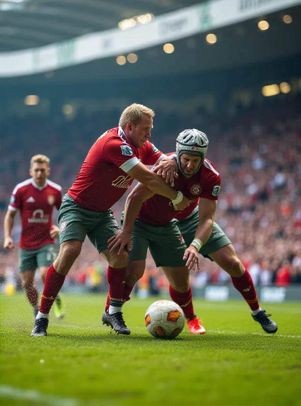 A still image of a brutal football tackle from a low angle, showing the players' legs and the ball, with a blurred background of the stadium.