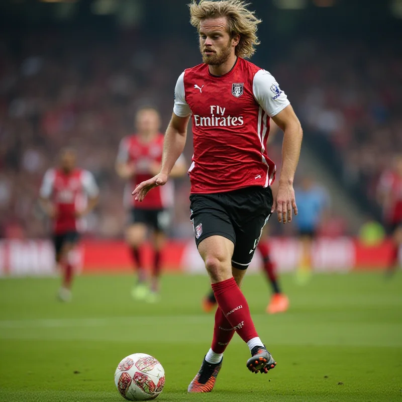 Sander Berge of Fulham in action during a football match, focused and determined, with the stadium and other players blurred in the background.