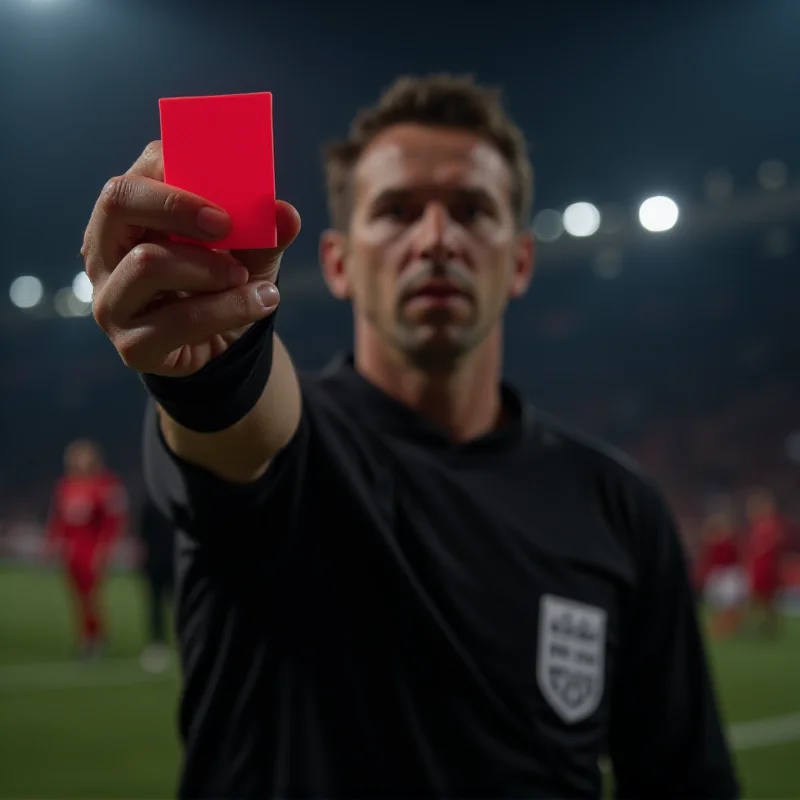 A football referee showing a red card to a player during a match.