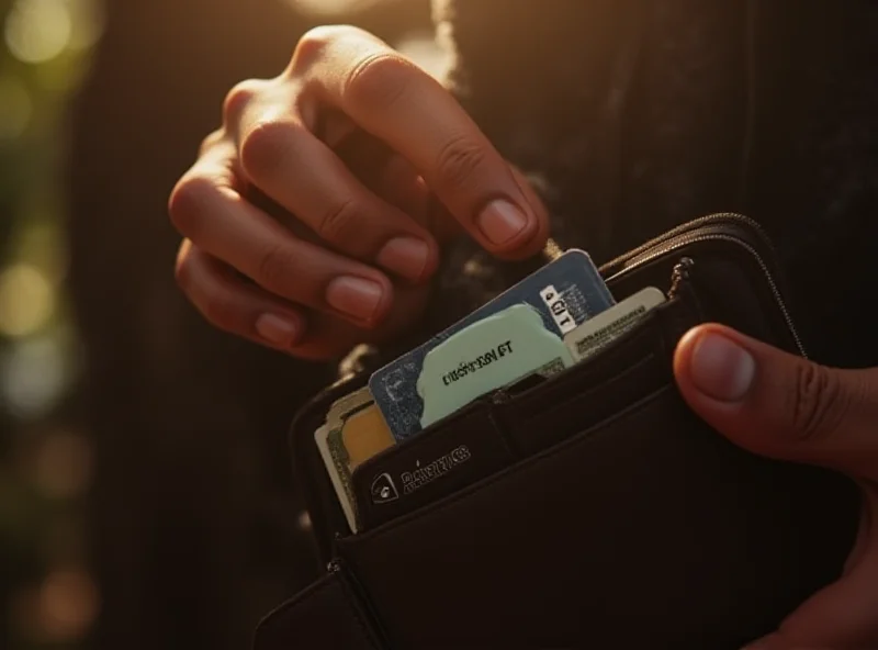 A person placing a KeySmart SmartCard tracker into their wallet.