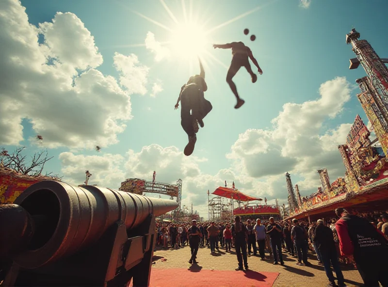 Human cannonball being launched from a cannon, safety net visible, fairground in background