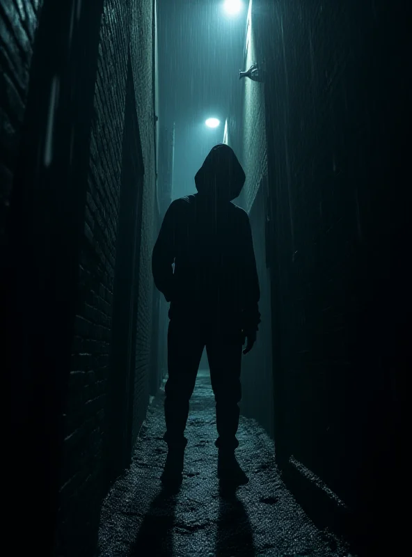 A dark alleyway with a menacing figure lurking in the shadows, suggesting a sense of danger and entrapment.