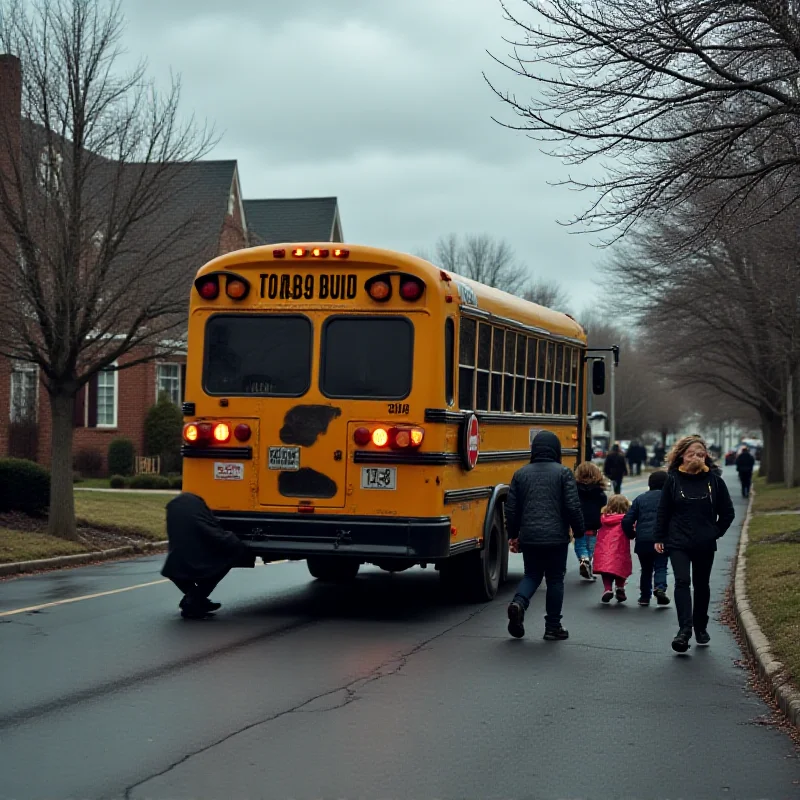 A school bus stopped on a road with children exiting. A somber mood with overcast skies. Emphasis on road safety and child pedestrian safety.