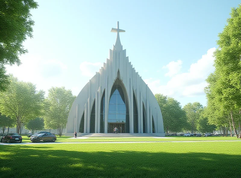 An artist's rendering of a large, modern church building.