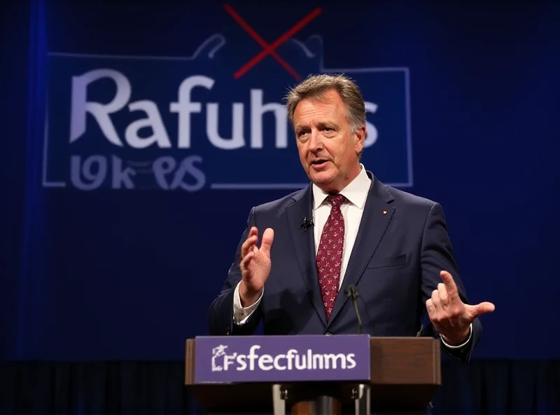 Nigel Farage speaking at a podium with Reform UK branding