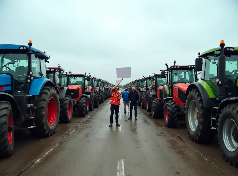 Czech and Slovak farmers protesting with tractors at a border crossing.