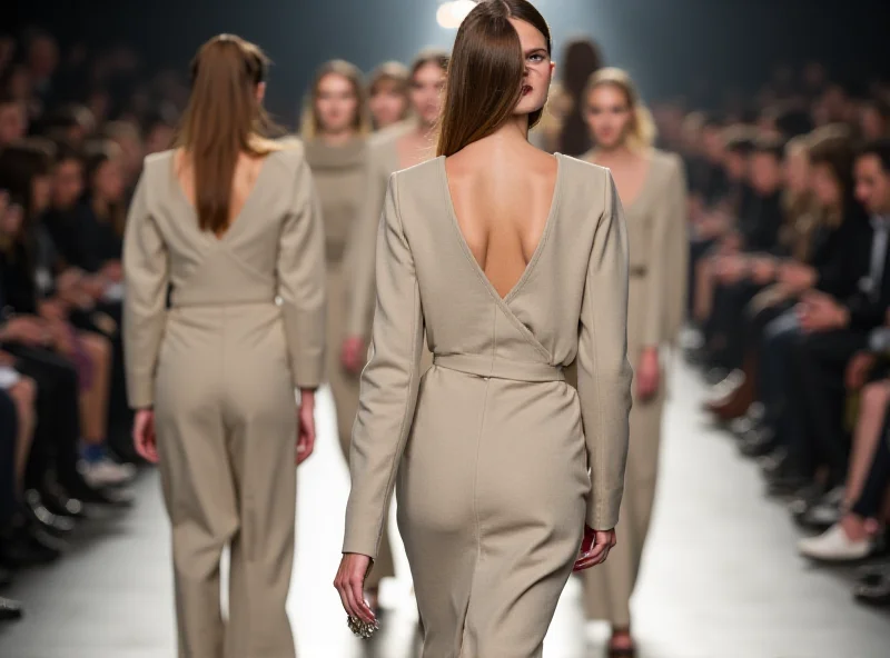 Models walking the runway at Milan Fashion Week, showcasing elegant, understated designs in neutral colors.