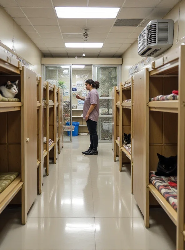 A well-maintained cat hotel interior with several cats relaxing in individual, comfortable enclosures.