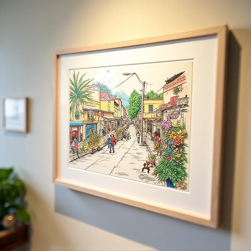 A framed cartoon drawing by Azmi Hussin showing local Penang scenery.