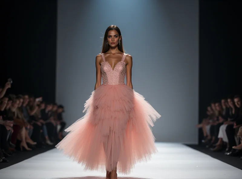 Model wearing a modern crinoline dress on a runway.