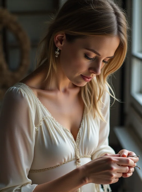 A close-up of Amy Lawrence hand-sewing a delicate silk dress in her Melbourne studio, showcasing her meticulous attention to detail and the raw materials she uses.