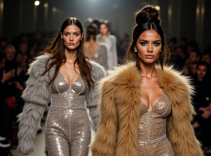 Models walking the runway at Milan Fashion Week, showcasing fur coats with sparkly embellishments.