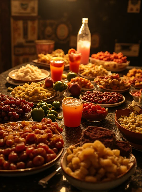 A table laden with various foods prepared for Iftar during Ramadan.