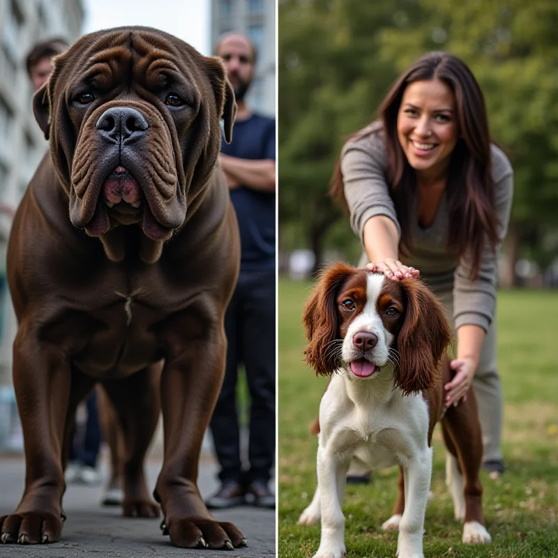 A split image. On the left, a stern-looking person is holding a leash attached to a large, muscular American Bully XL dog. On the right, a smiling woman is petting a friendly-looking cocker spaniel. The image represents the contrasting viewpoints on dog breeds and ownership.