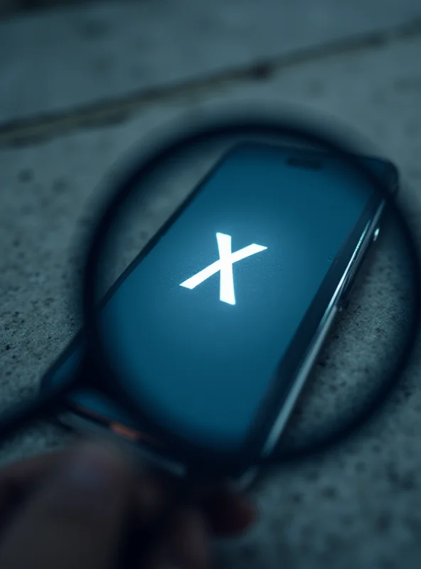 A close-up photo of a smartphone displaying the X logo, with a magnifying glass hovering over it, symbolizing the investigation into advertising tactics.