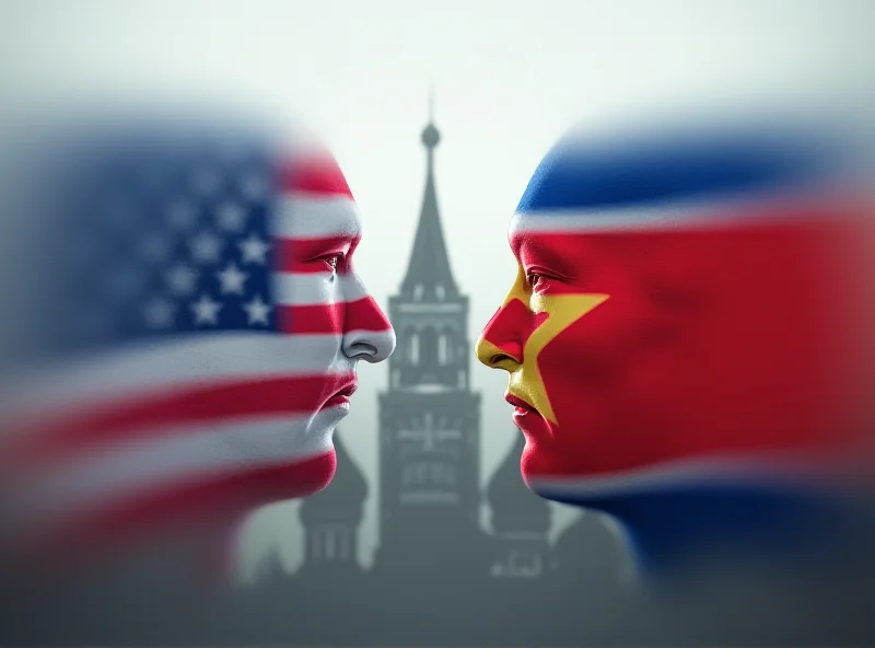 Conceptual image of the US and North Korean flags facing each other, with Moscow in the background, representing potential mediation talks.