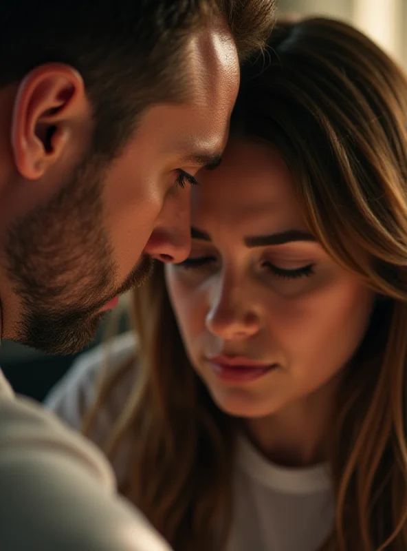 Close-up of a concerned father comforting his daughter, who is looking down with a pained expression.
