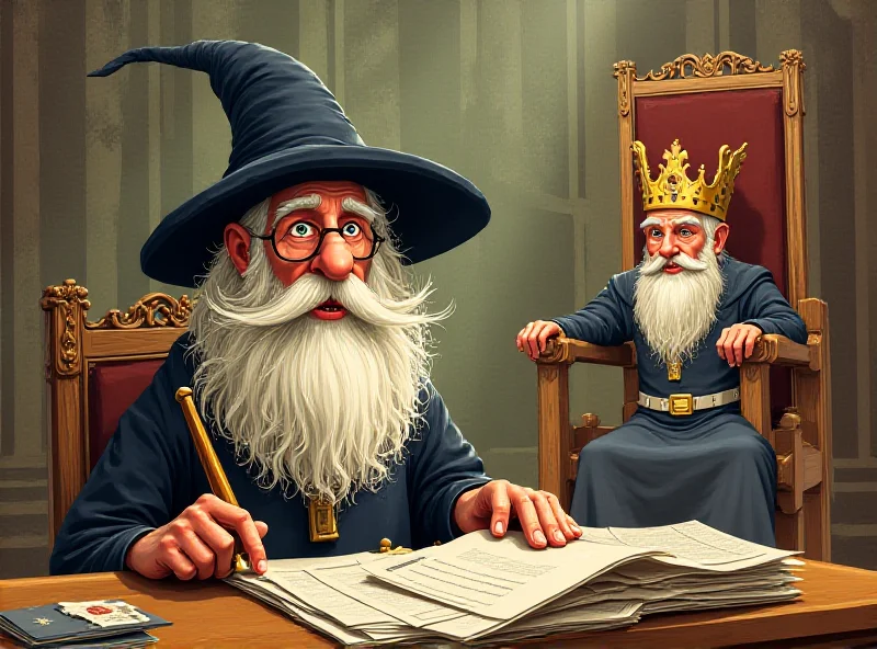 Illustration of a wizard holding a magnifying glass, examining documents, with a king figure in the background.